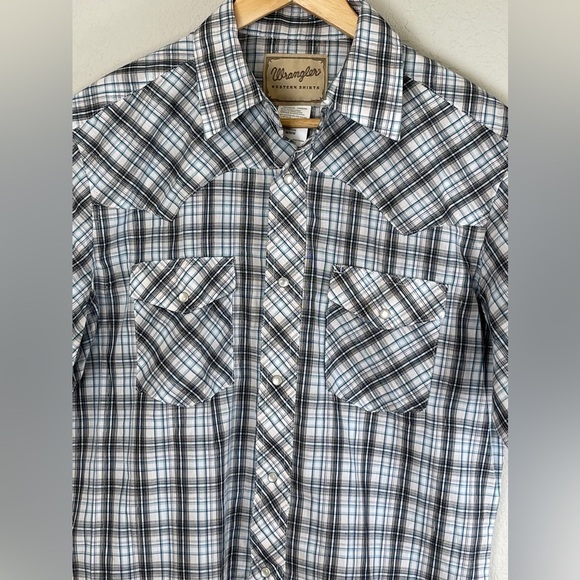 Wrangler Plaid Western Short Sleeve Shirt Pearl Snap Metallic Men's Medium - Picture 2 of 8